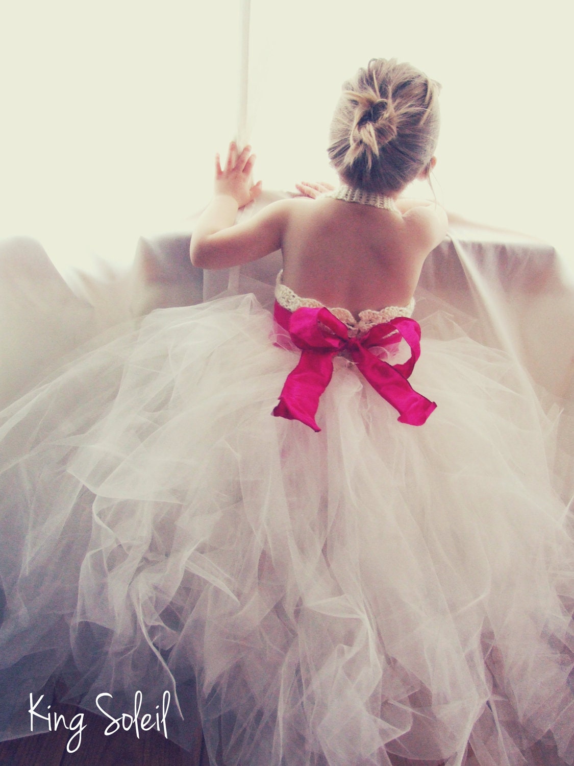 Flower Girl Dress Tulle Tutu Crochet Bodice Silk Dupioni Sash Shiny Ivory and Pink Infant to Toddler Size 4