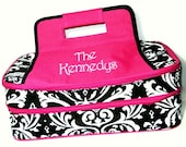 Monogrammed Damask Print With Pink Trim Double Compartment Casserole Carrier