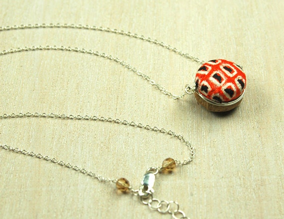 Vintage Kimono Necklace, Sterling Silver, Orange Black and Beige, Geometric pattern