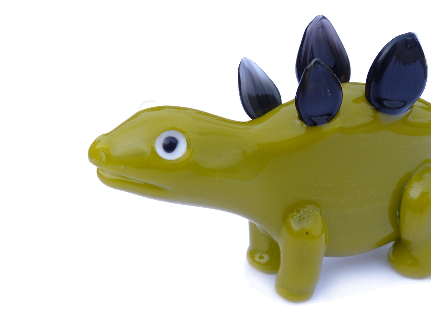 Glass Dinosaur Sculpture - Large Chartreuse Green and Black Stegosaurus