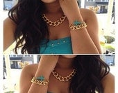 Chunky Chain Necklace and Turquosie Cross Chain Bracelet Combo Duo Gift Set