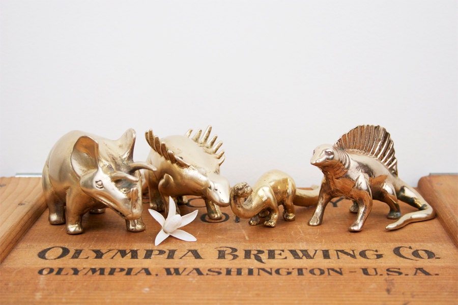 Reserved for Sue // vintage brass set of four dinosaur figurines