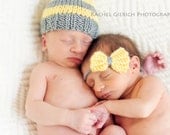 yellow gray twin baby girl boy crocheted bow halo headband and hat, newborn photography prop, twin boys bow tie and hat, baby shower gift