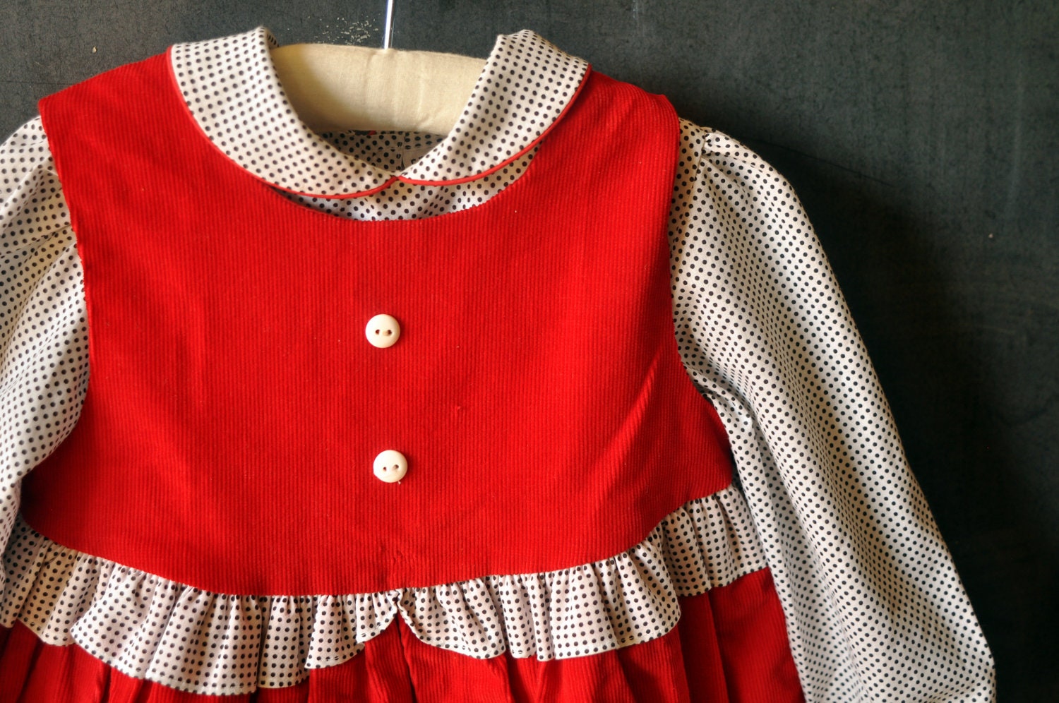 Two piece set, red corduroy dress, with puppy, and matching black and white polka dotted shirt, size 4T