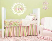 Name and Initial Vinyl Wall Decal Shabby Chic Damask Border Personalized Monogram Wall Decal Girl Baby Nursery Room Wall Art 22Hx26W FS238