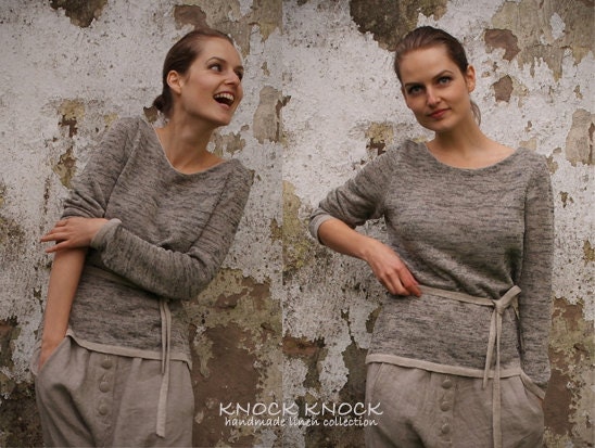 Handmade Linen (Flax) Sweater/Jumper With Tie Belt, Melange, Custom Size