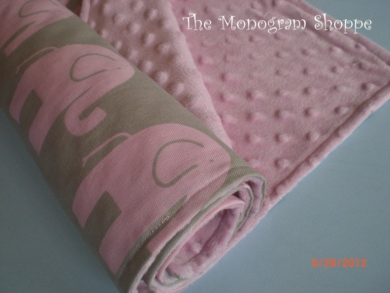 Double Sided Baby Blanket Quilt - Minky Dot and Cotton Twill Elephants - FREE MONOGRAMMING