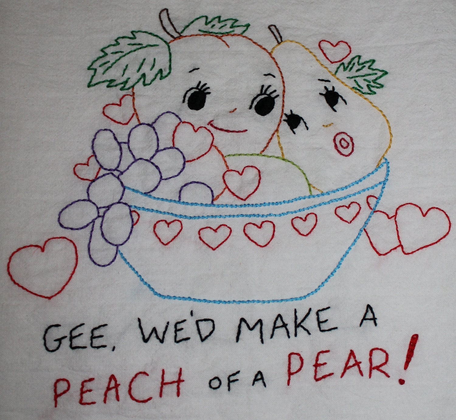 Hand Embroidered Towel Vintage Valentine Peach of a Pear Dish towel