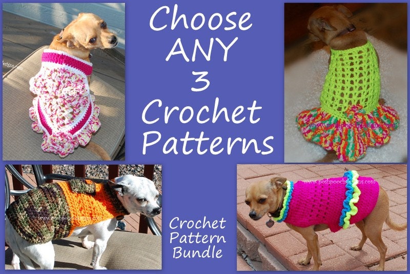 Crochet Pattern Bundle - ANY 3 dog Crochet Patterns for 10.00