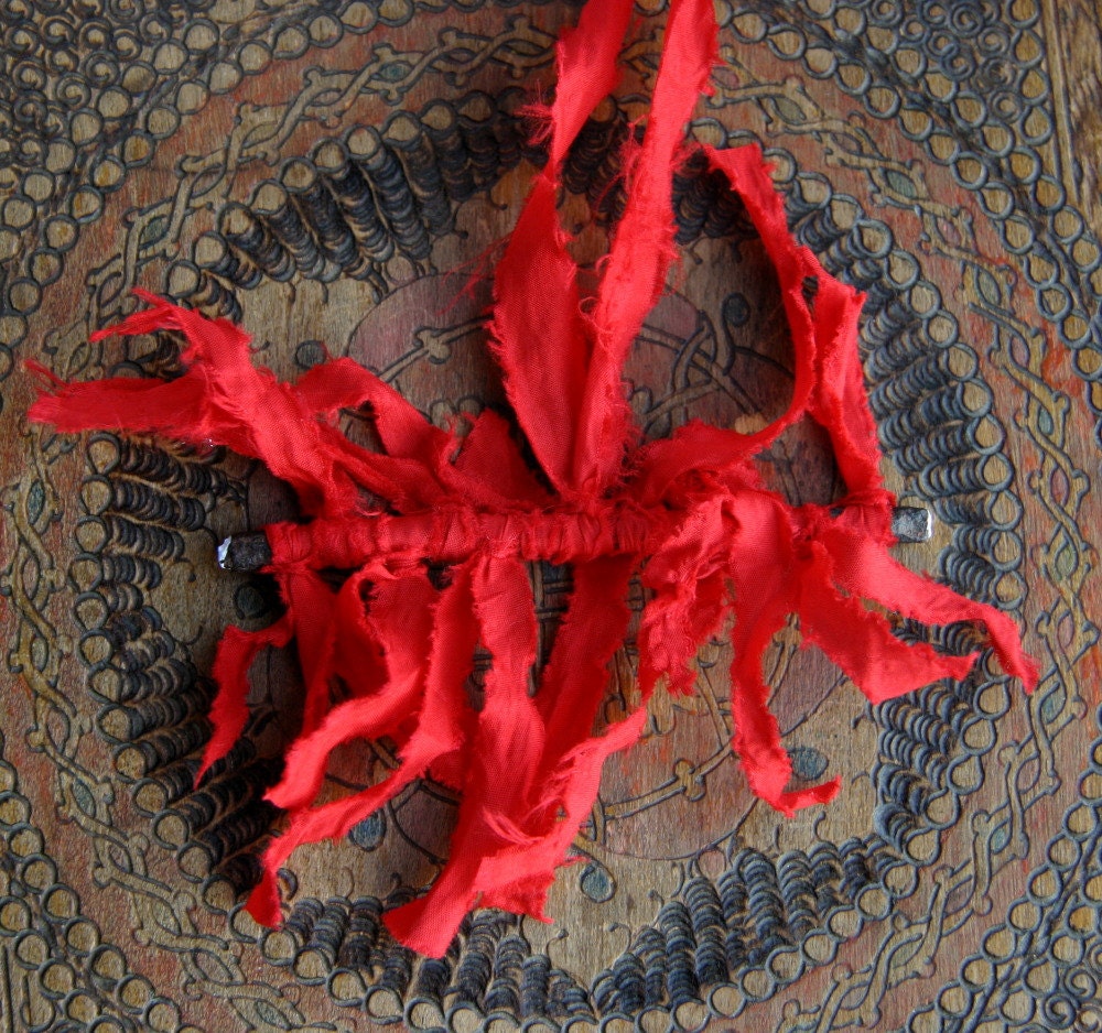 Burning Temper /// Salvaged Rusty Painted Metal and Natural Red Silk Ribbon Fiber Long Wild Amulet Necklace