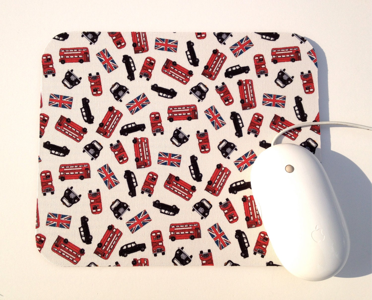 London Mouse Pad / British Flag Cab Taxi Bus / Office Home Decor / Red, Black, and Cream / Dear Stella