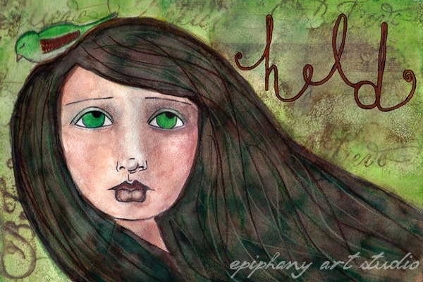 Grungy Whimsical Fine Art Print, Green & Brown Mixed Media Wall Art, Positive and Inspirational Children's Decor -- "Held"