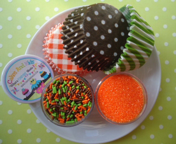 Football Frenzy Cupcake Kit - Sprinkles, Sugar and Cupcake Liners - Brown, Green and Orange - SALE - SAVE 15%