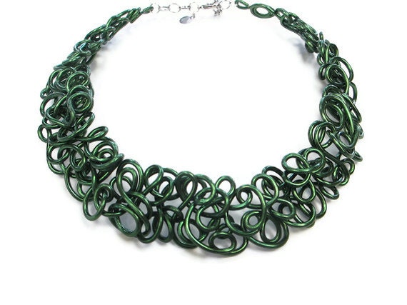 Winter Collar Necklace Green Lacy Boho Statement Wire Art Jewelry - elbowsdesigns