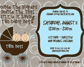 Twin Boys Carriage - Baby Shower Invitation - digital design