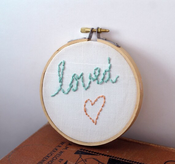 Loved: Embroidery Hoop Art in Mint and Peach. 4" vintage hoop.