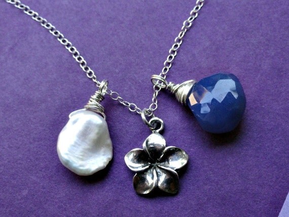Plumeria flower necklace, STERLING SILVER, blue Chalcedony briolette, charm necklace, white Keshi pearl, botanical