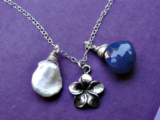 Plumeria flower necklace, STERLING SILVER, blue Chalcedony briolette, charm necklace, white Keshi pearl, botanical