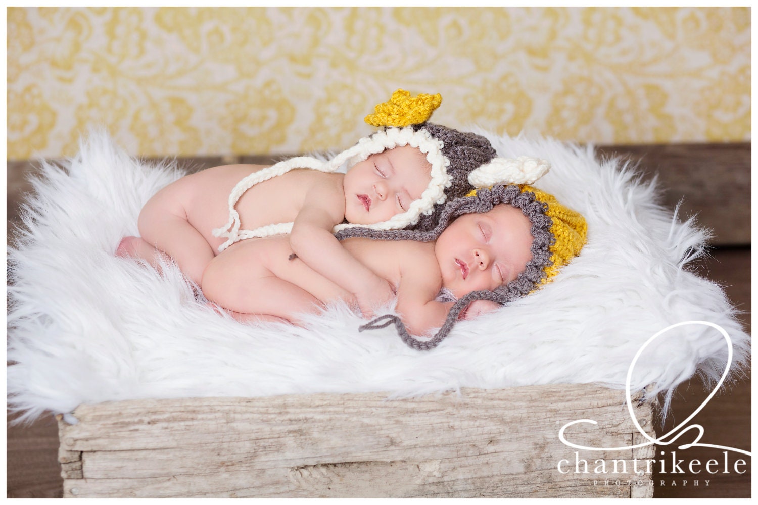 Pixie Hat in mustard yellow, grey and creme w/ flower accessory