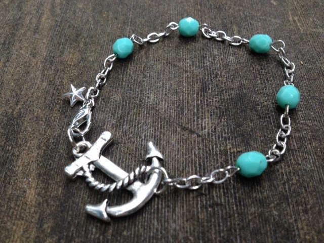 Off to Sea Antiqued Silver Anchor Czech Teal Beaded Bracelet