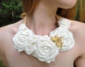 White Roses Bib Necklace, Statement Silk and Satin Flowers