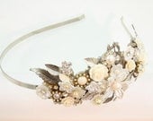 Bridal Headband,Wedding Hair Accesories,Flower Head Piece,Vintage Wedding Jewelry,Silver Pearls Tiara,Hair Accessories,Pearls&Rhinestone