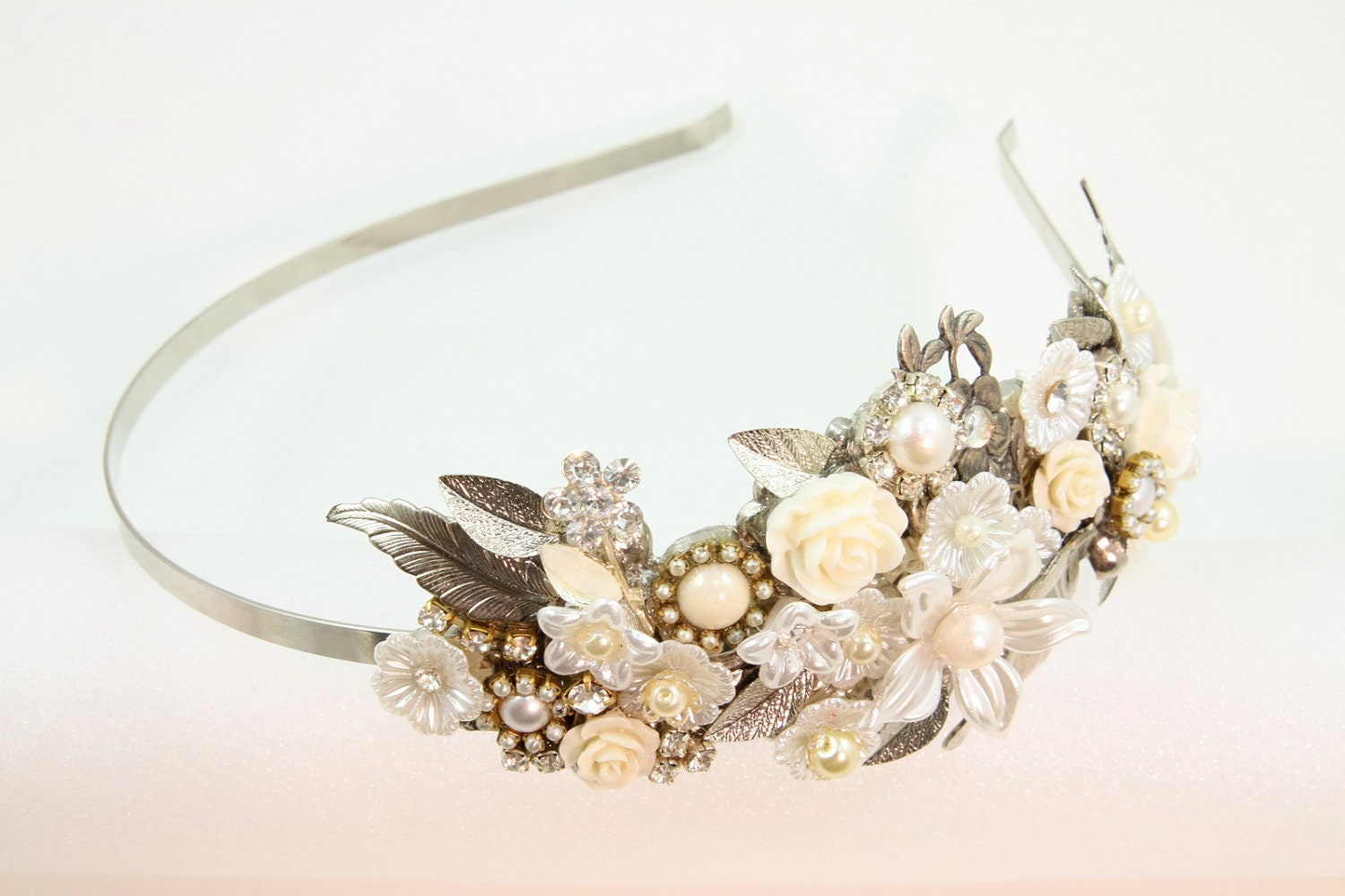Bridal Headband,Wedding Hair Accesories,Flower Head Piece,Vintage Wedding Jewelry,Silver Pearls Tiara,Hair Accessories,Pearls&Rhinestone