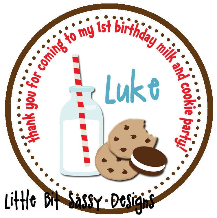 1st Birthday Round Labels Milk and Cooke Birthday Party Favors Stickers