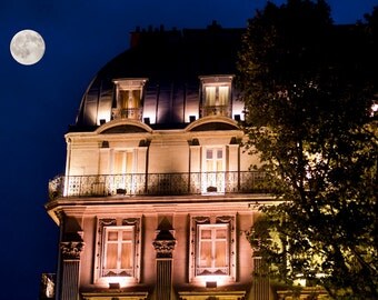 Paris Night Photo - Full Moon Over Saint Germain, Paris, Home Decor, Wall Art