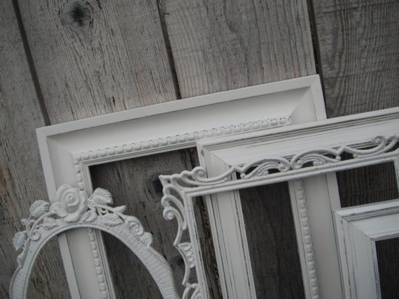Distressed Vintage Style PICTURE FRAMES - Ornate - Set of 5 - Heirloom White - Shabby Chic Wedding - w/ Glass N Easel Backing