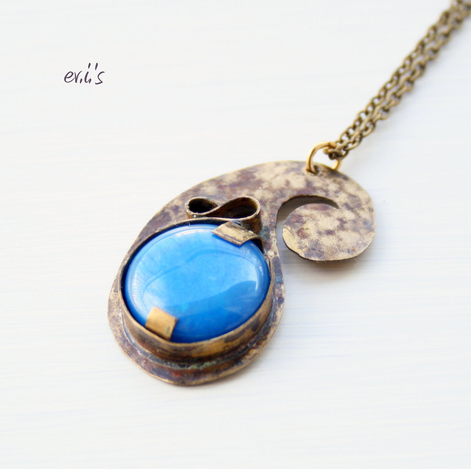 Blue Jade Brass Paisley Teardrop Handcrafted Eco Friendly Oxidized Metalwork Artisan Bohemian Pendant Gift for Her.Free Shipping