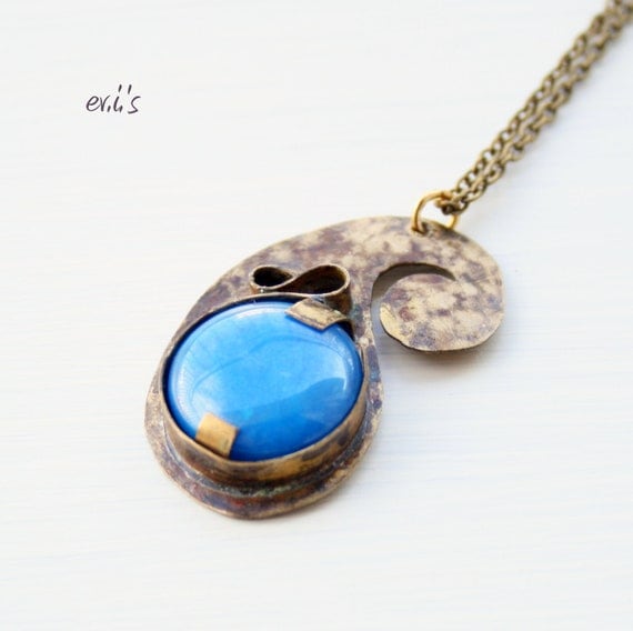 Blue Jade Brass Paisley Teardrop Handcrafted Eco Friendly Oxidized Metalwork Artisan Bohemian Pendant Gift for Her.Free Shipping