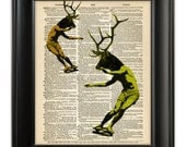 DEER Skateboarding in Shorts Original Art Print Illustration on Upcycled Antique Vintage 1930s Dictionary Book Page Print 8x10