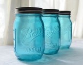 Stained Mason Jars, Pint Size, In Ocean Blue, Set of 3