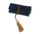 Blue Nabuk Leather Clutch Handbag Purse Minimalist with Tassels