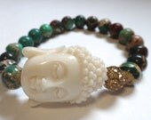 Green Magnesite Beaded Bracelet with White Buddha and Gold Rhinestone Bead