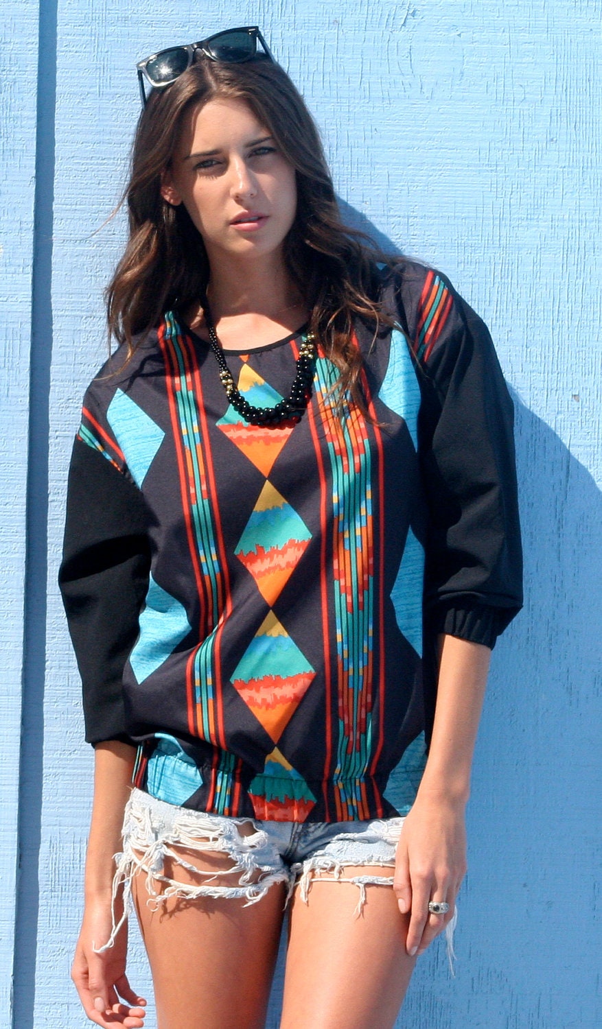 Vintage 80's Pull Over Blouse Water Coloured Patterned Long Sleeved