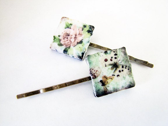 Bobby Pins, Butterfly and Flowers Art Tiles, Unique Hair Accessories