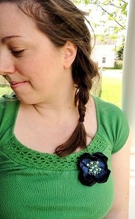 Navy Fabric Flower Pin, Navy Brooch, Navy Flower Fascinator, Blue and Lime Green, Beaded Fabric Flower Brooch, Satin Flower Broach, Summer
