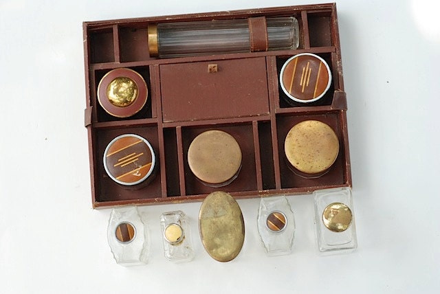 Antique Glass travel Containers, Grooming Case, Vintage Make Up Containers, Brass Hardware, Vintage Jars Brass Lids, Art Deco Travel Jars
