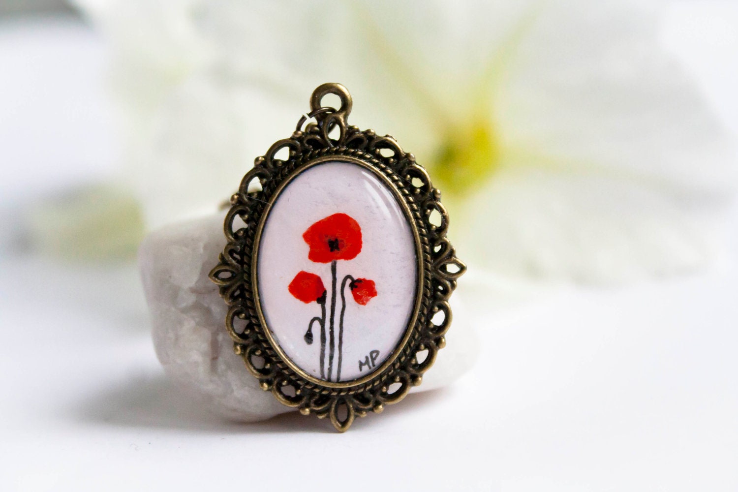 Hand painted poppy necklace - Poppies - Original OOAK watercolour