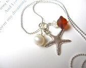 Brown Sea Glass Starfish Necklace with swarovski pearl - Perfect Nautical gift for sisters, girlfriends or Autumn lovers