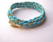 Bright Teal Blue Suede Wrap Bracelet - Blue and Gold Chain Braided Leather Wrap Bracelet