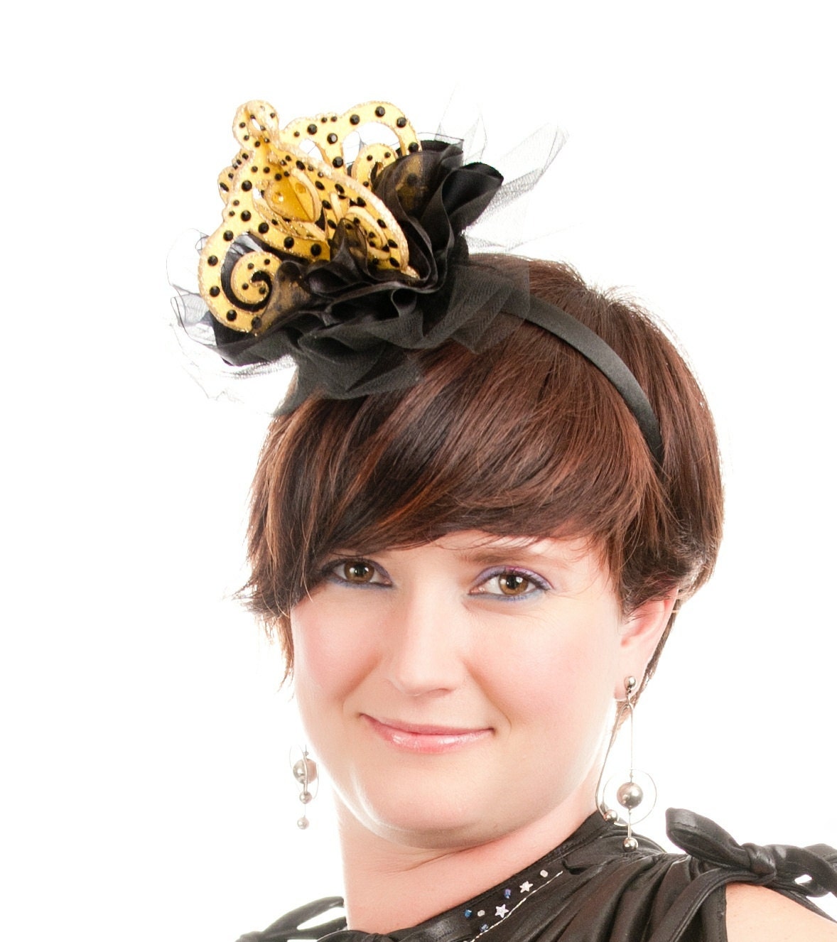 SALE Yellow Crown Fascinator in Shimmering Sunshine Yellow and Gold Glitter with Black Rhinestones
