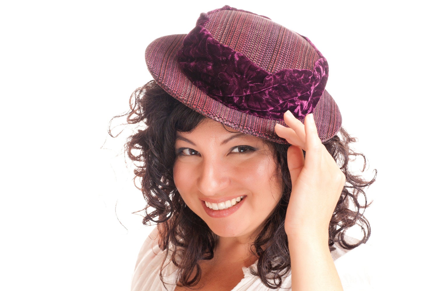 SALE Burgundy Fabric Boater Hat in Striped Velveteen