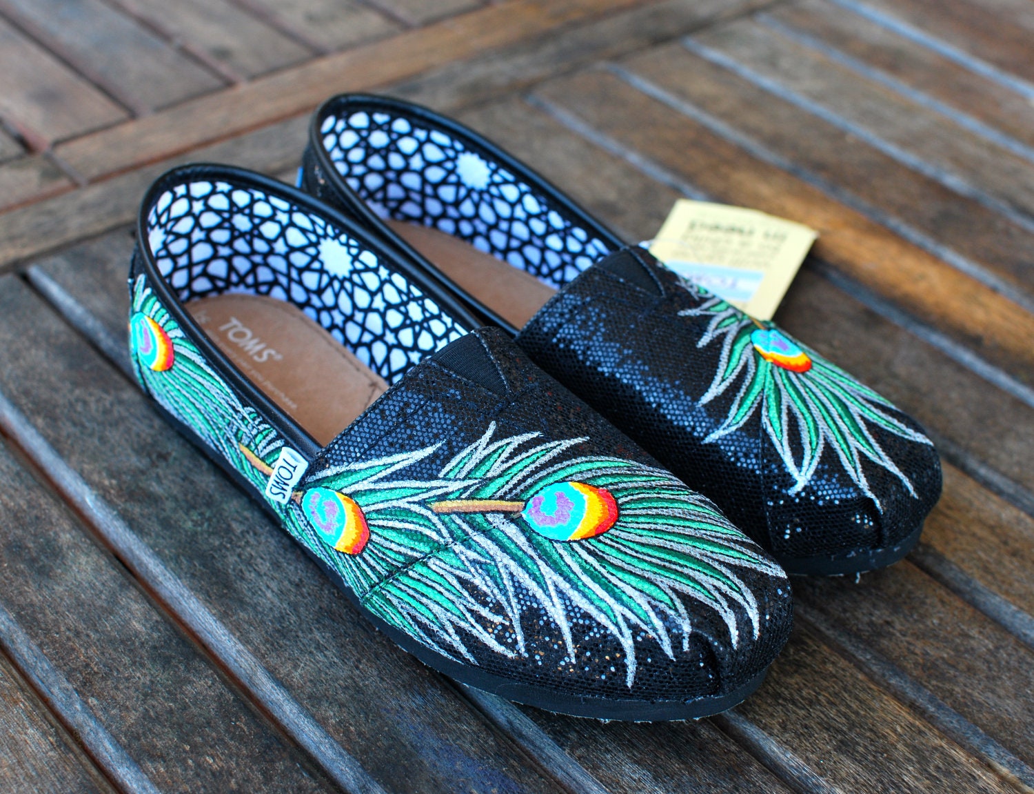 Black Glitter Peacock Feather TOMS shoes