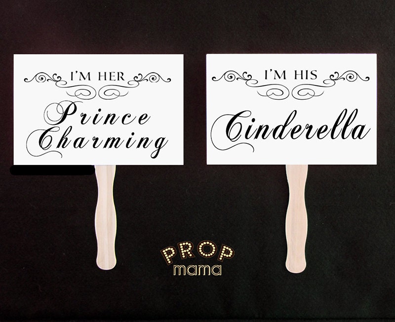 Prince Charming / Cinderella and "Happily Ever After" Double sided Paddle Signs. Wedding Photo Prop.