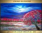 Original Large Abstract Painting Modern Contemporary Canvas Art Blue Pink Purple Cherry Blossom Tree 36x24 Palette Knife Texture Oil J.LEIGH