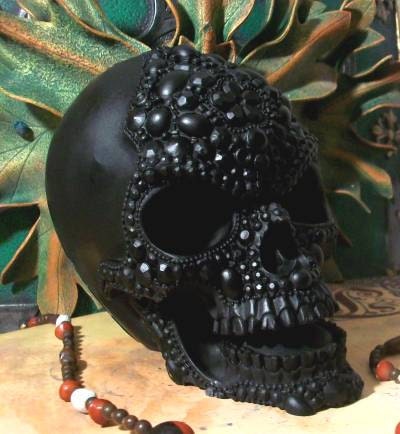 Big BLACK Beaded Pearl Beeswax Skull Candle