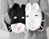 Cat Mittens for KIDS Gloves Gift Wool Crochet Winter Accessories Cold Days Woman Girl Teens Cozy Black White Woodland